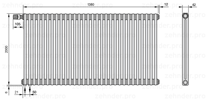 Схема (чертеж) Радиатор Zehnder Charleston 2200/30 №V001 Белый глянцевый RAL 9016
